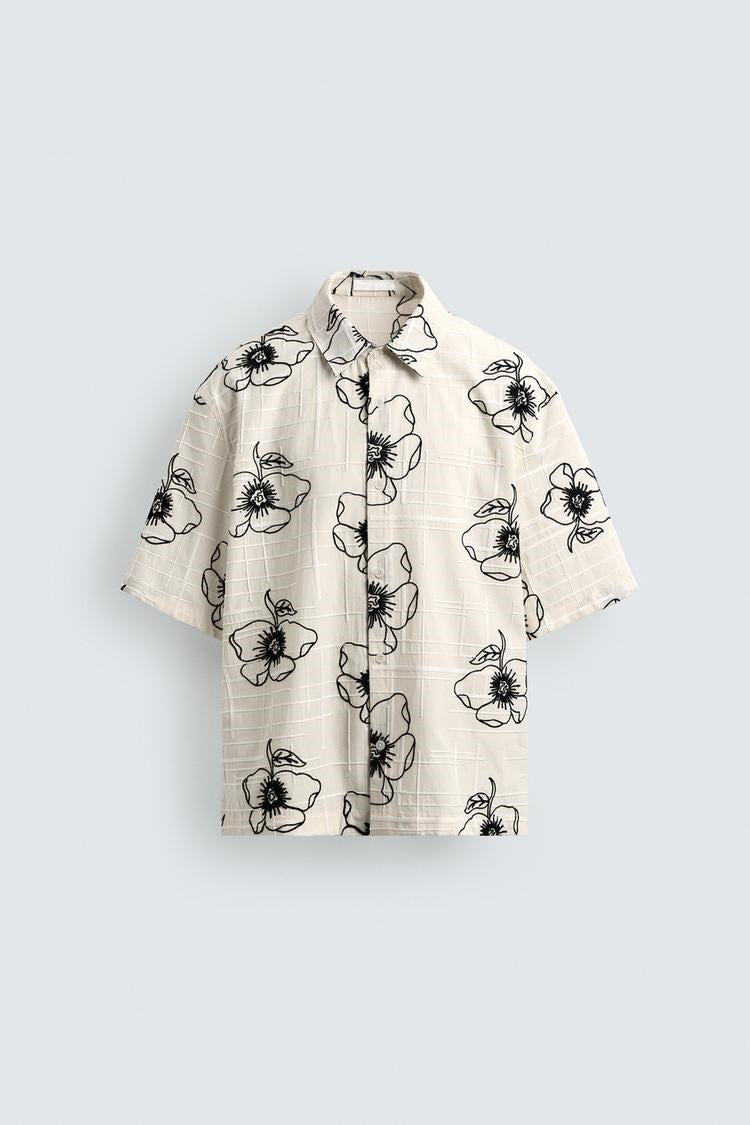 ZA Floral Print Textured Short-Sleeve Shirt
