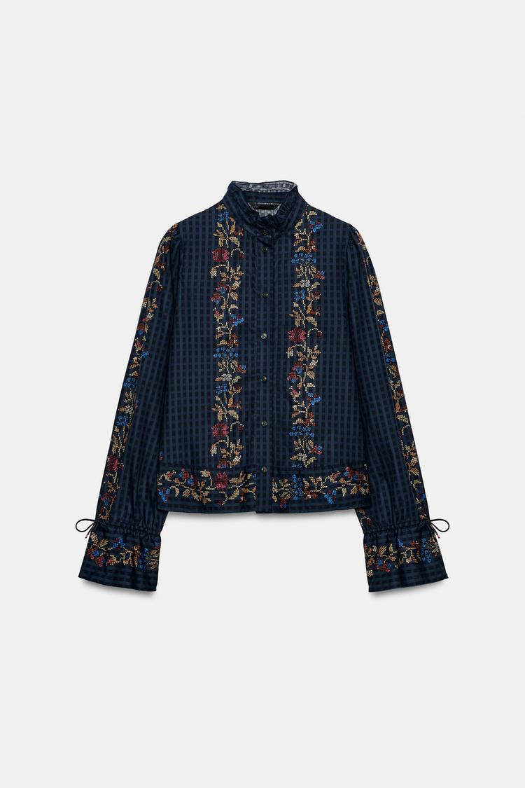 ZA Embroidered High-Neck Blouse