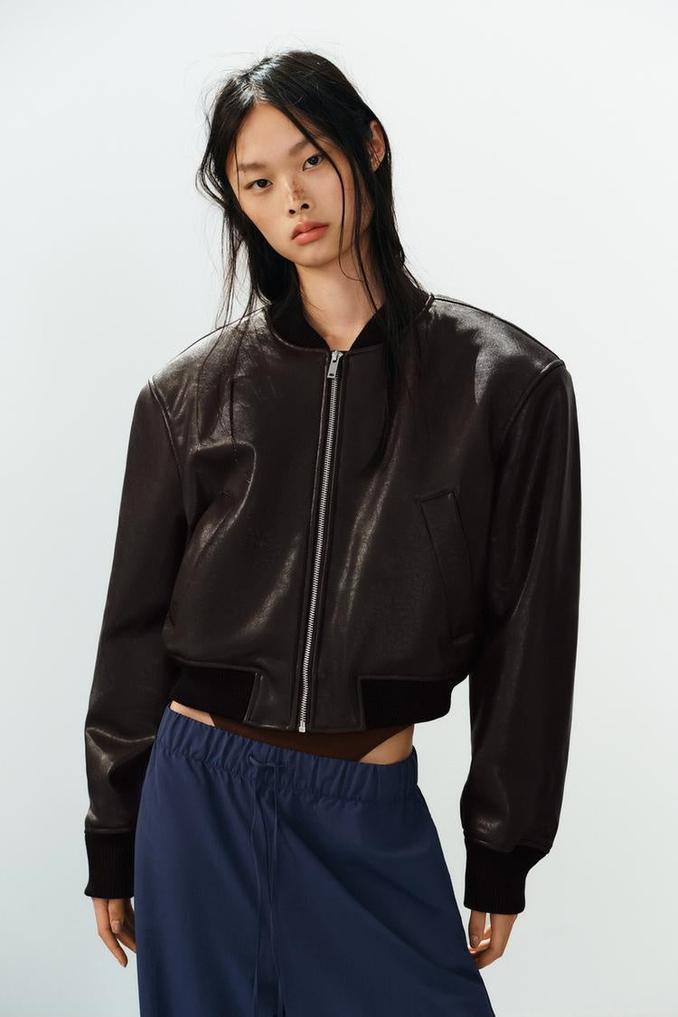 ZA Cropped Faux Leather Bomber Jacket