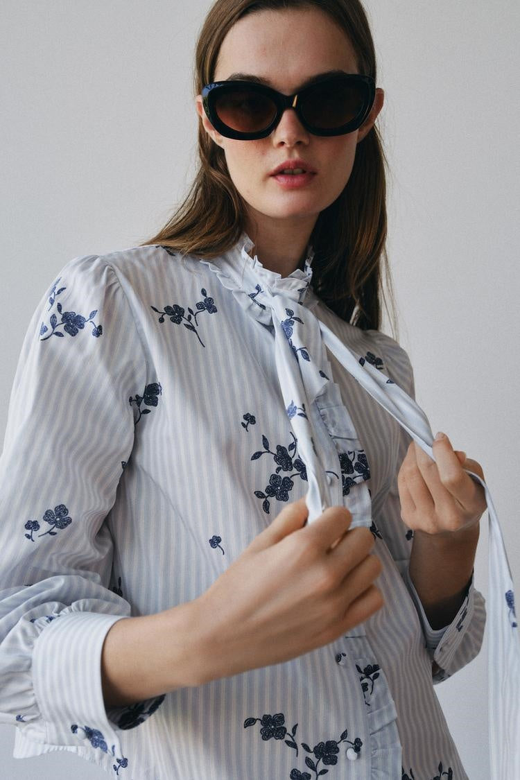 ZA Floral Tie-Neck Striped Blouse