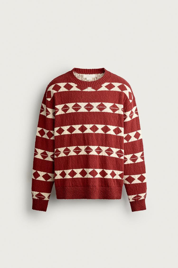 ZA Geometric Jacquard Crewneck Sweater