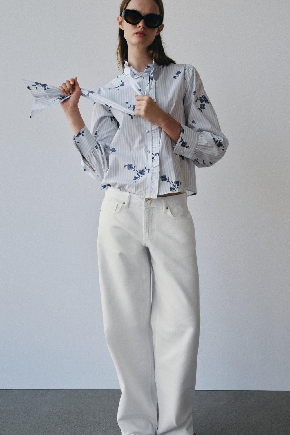 ZA Floral Tie-Neck Striped Blouse