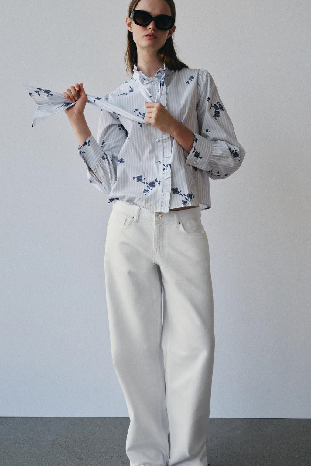 ZA Floral Tie-Neck Striped Blouse