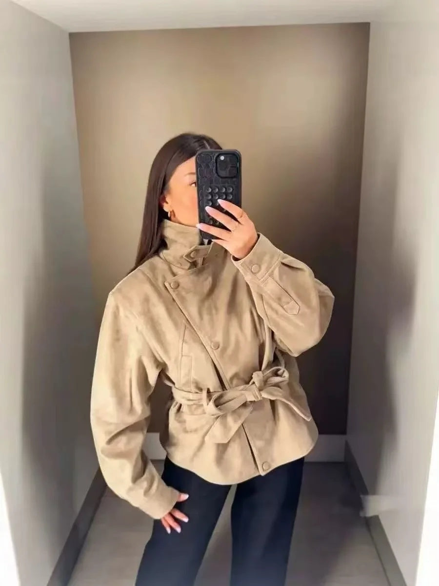 ZA Belted Suede-Effect High-Neck Jacket