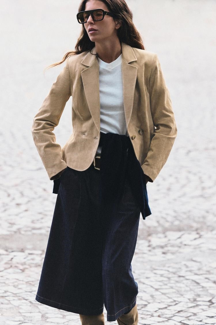 ZA Suede-Effect Double-Breasted Blazer