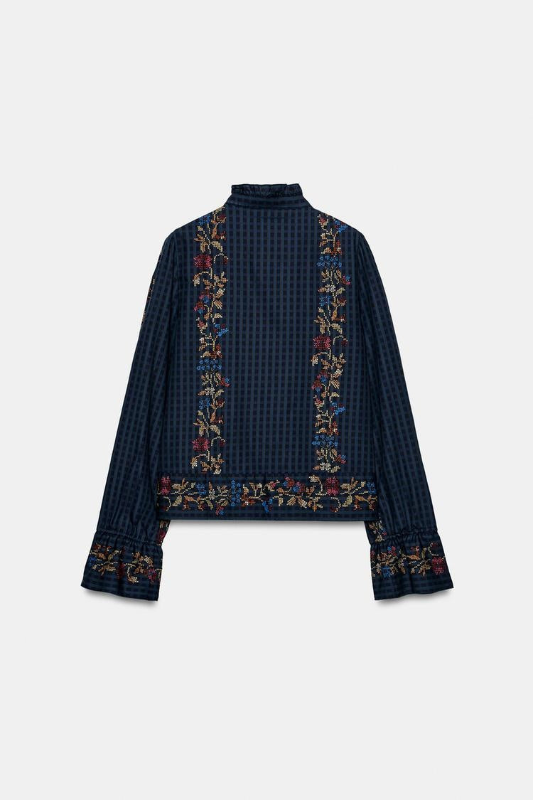 ZA Embroidered High-Neck Blouse