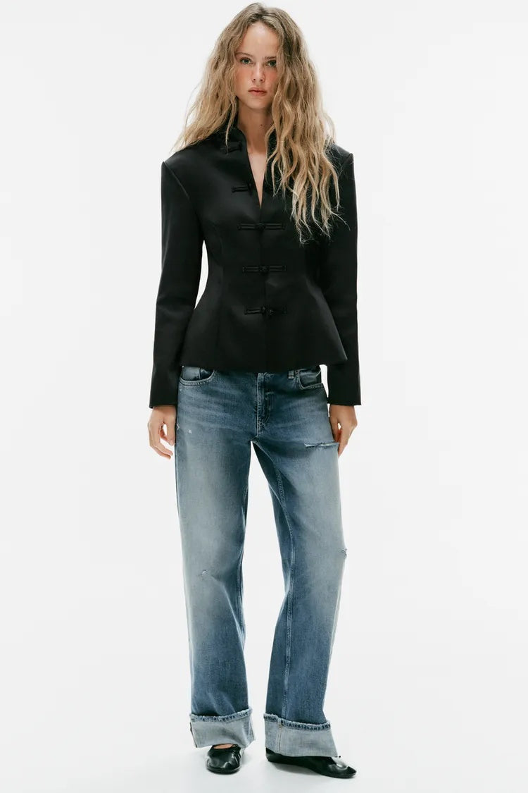 ZA Black Satin Mandarin Collar Jacket