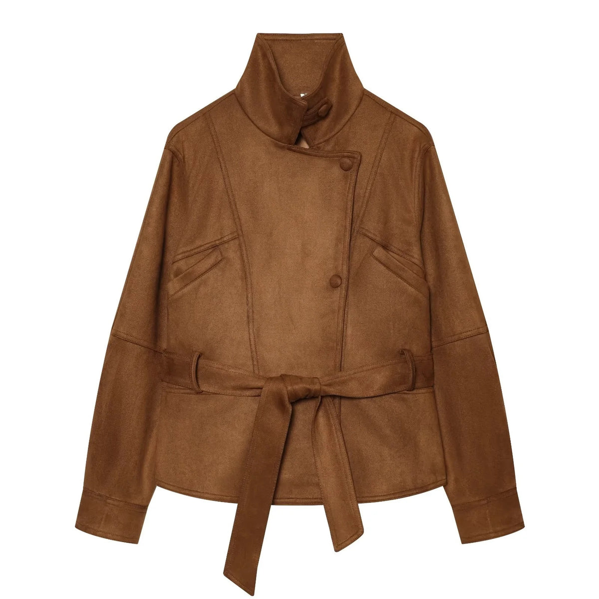 ZA Belted Suede-Effect High-Neck Jacket