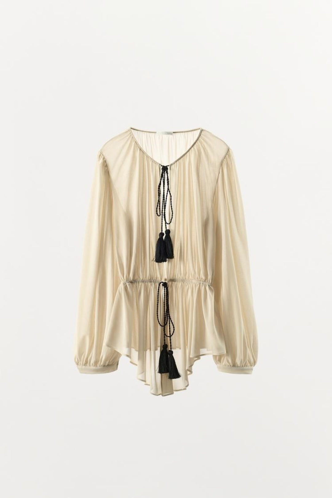 ZA Ivory Sheer Tassel-Tie Blouse