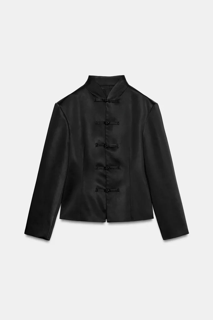 ZA Black Satin Mandarin Collar Jacket