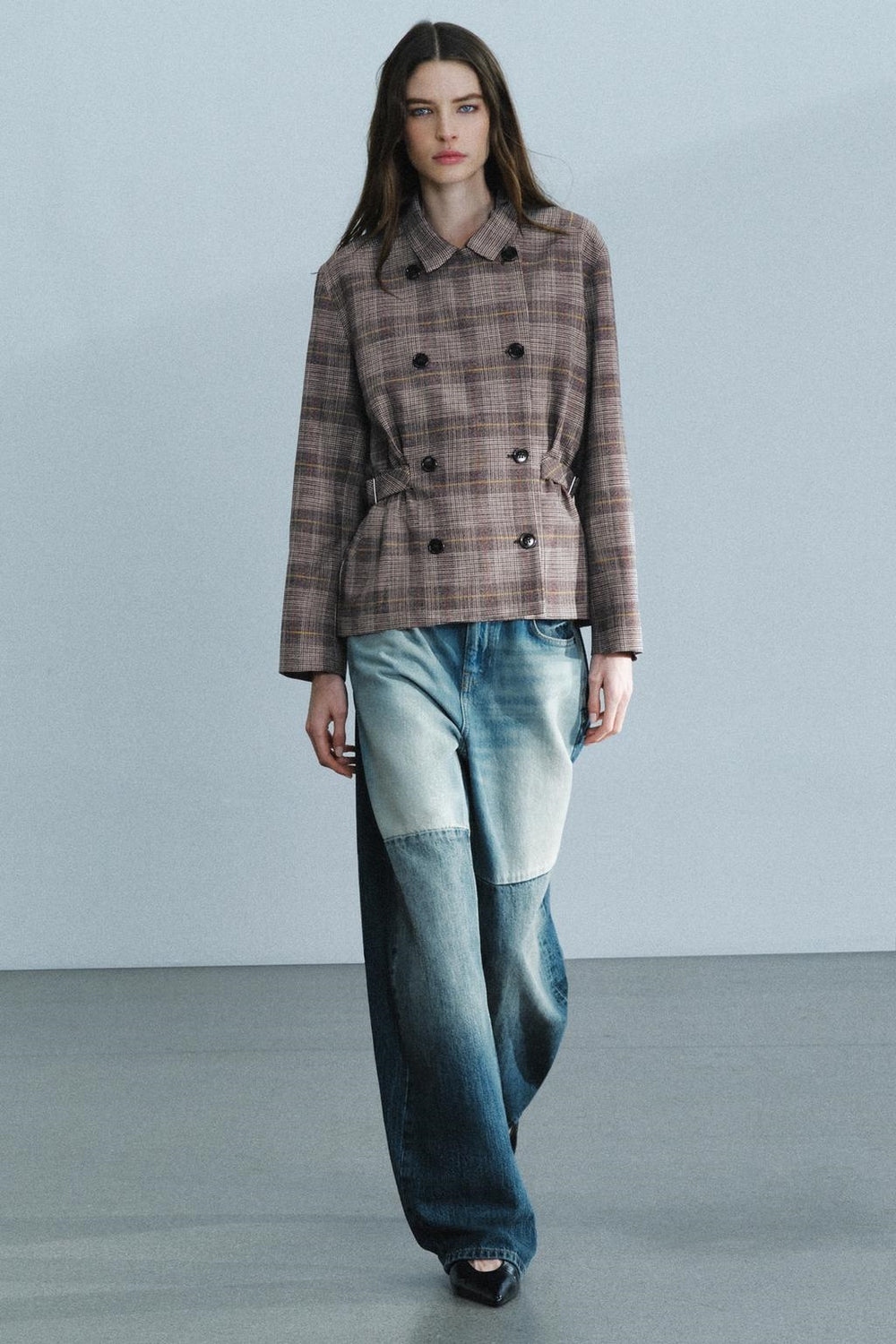 ZA Double-Breasted Checked High-Collar Jacket
