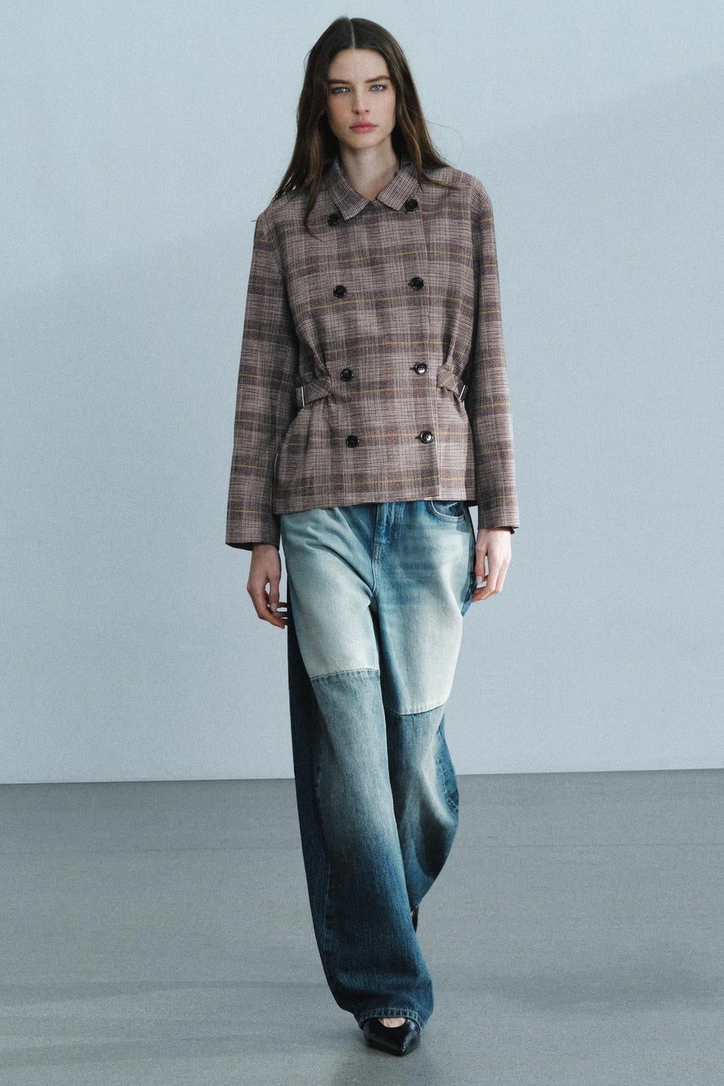 ZA Double-Breasted Checked High-Collar Jacket