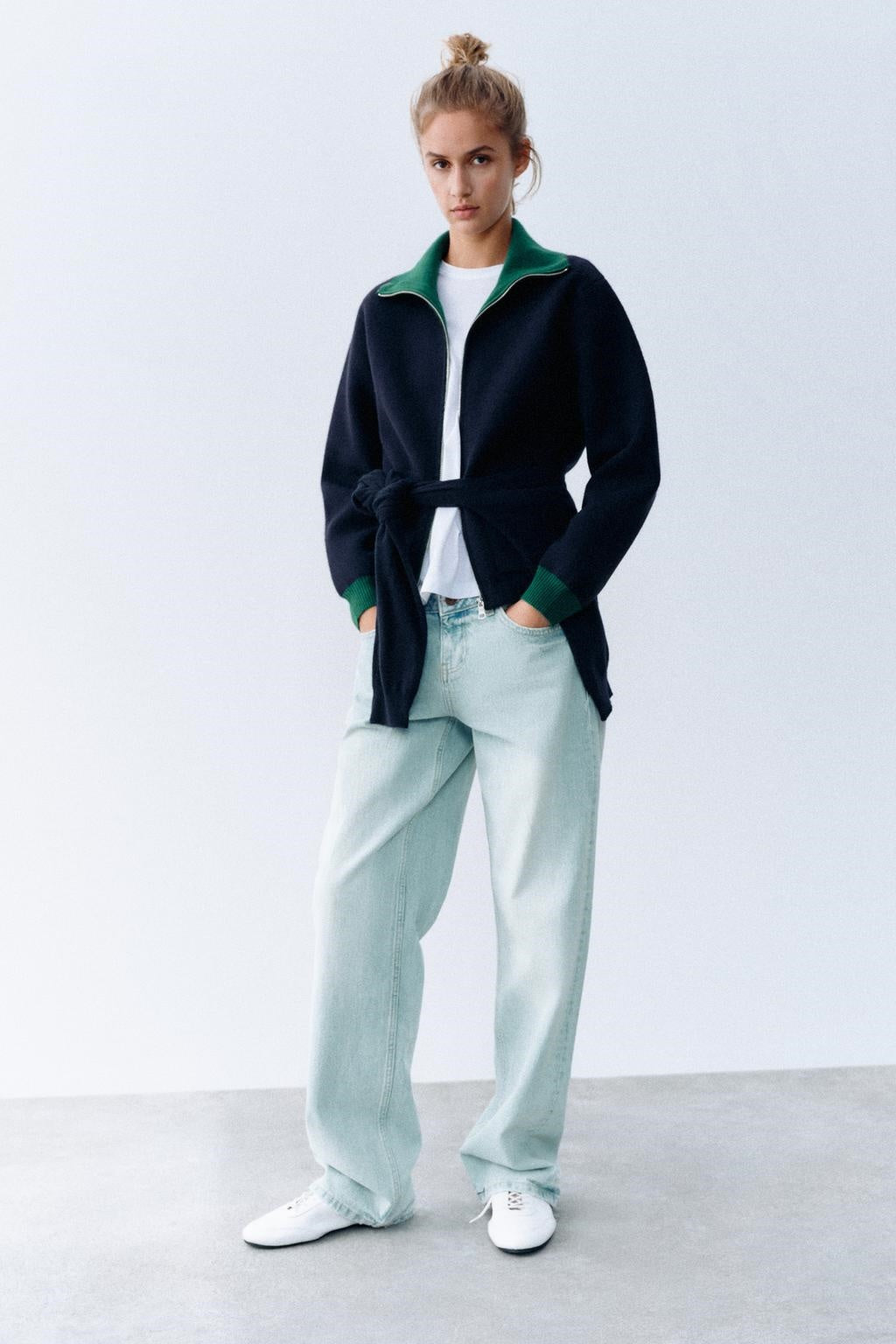 ZA Contrast Collar Full-Zip Knit Jacket
