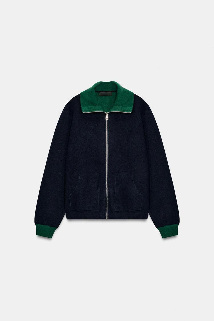 ZA Contrast Collar Full-Zip Knit Jacket