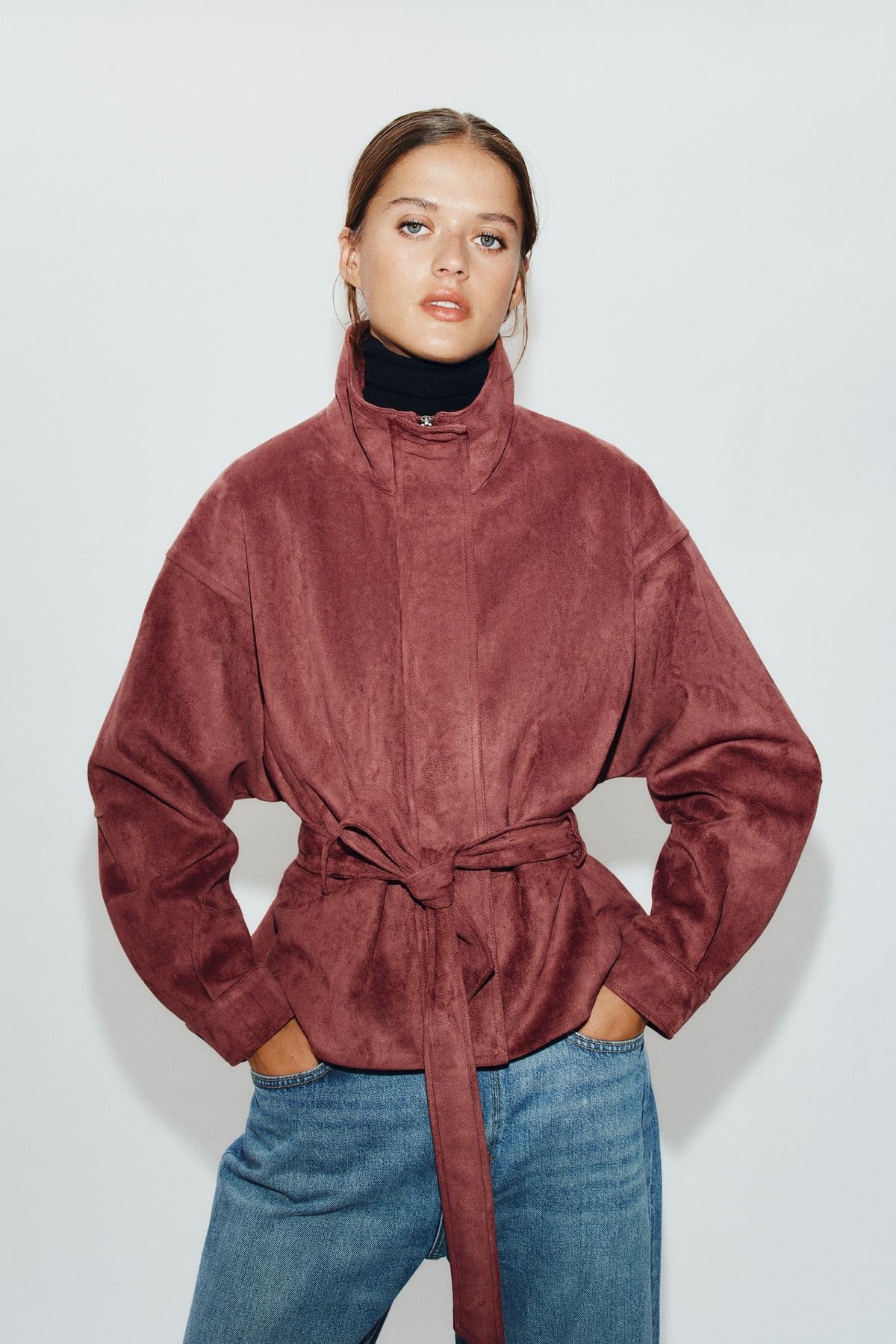 ZA Suede-Effect Belted Jacket