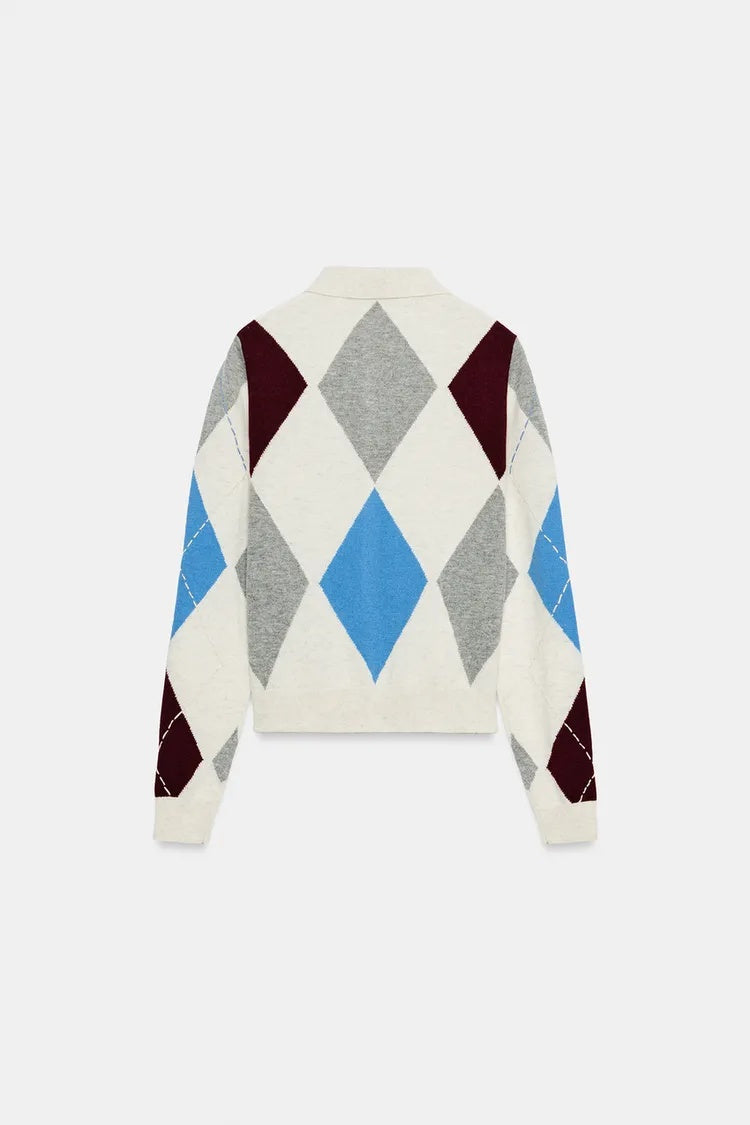 ZA Argyle Knit Collared Cardigan