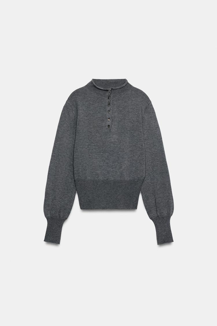 ZA Button-Neck Fine Knit Sweater