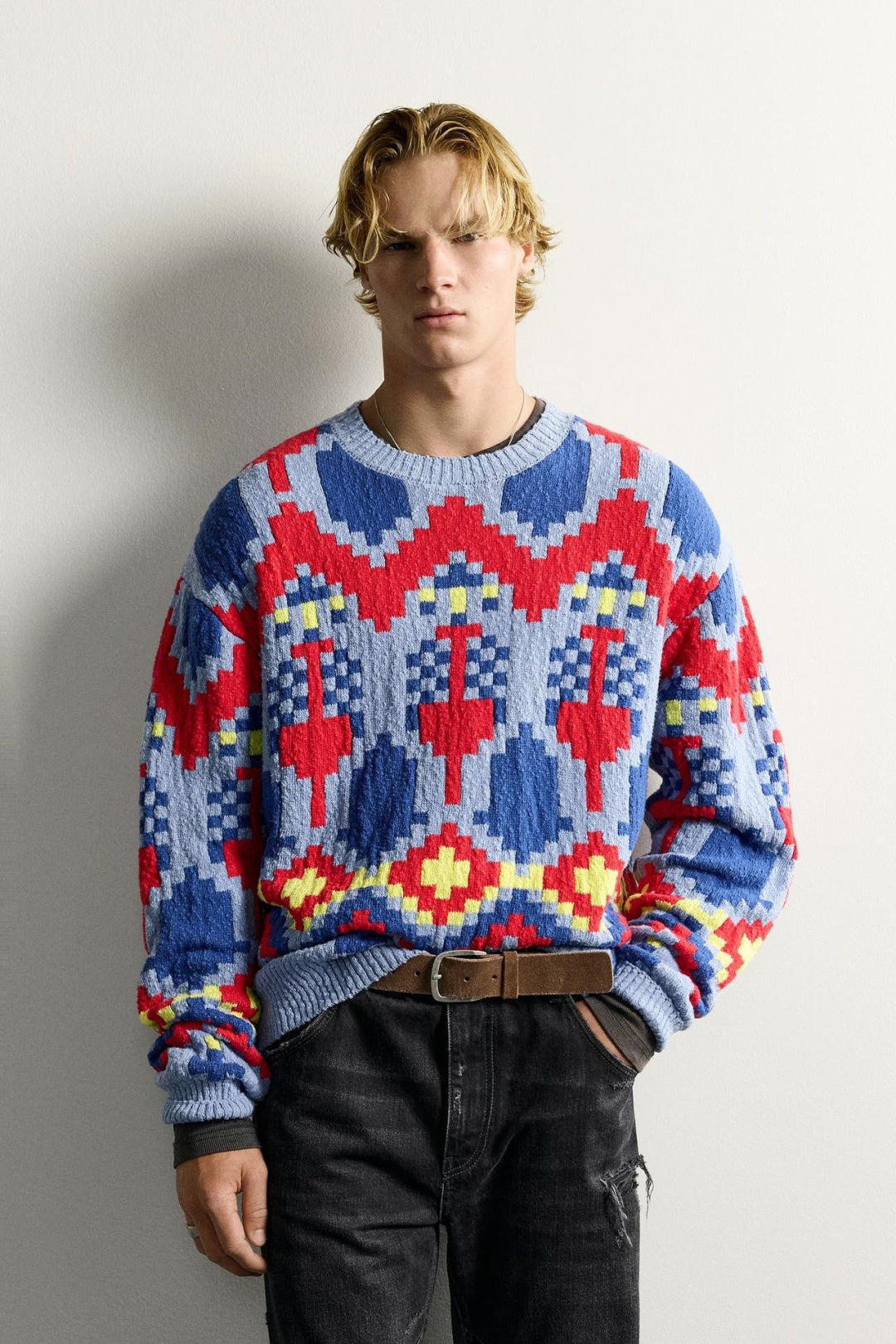 SA Geometric Jacquard Crewneck Sweater