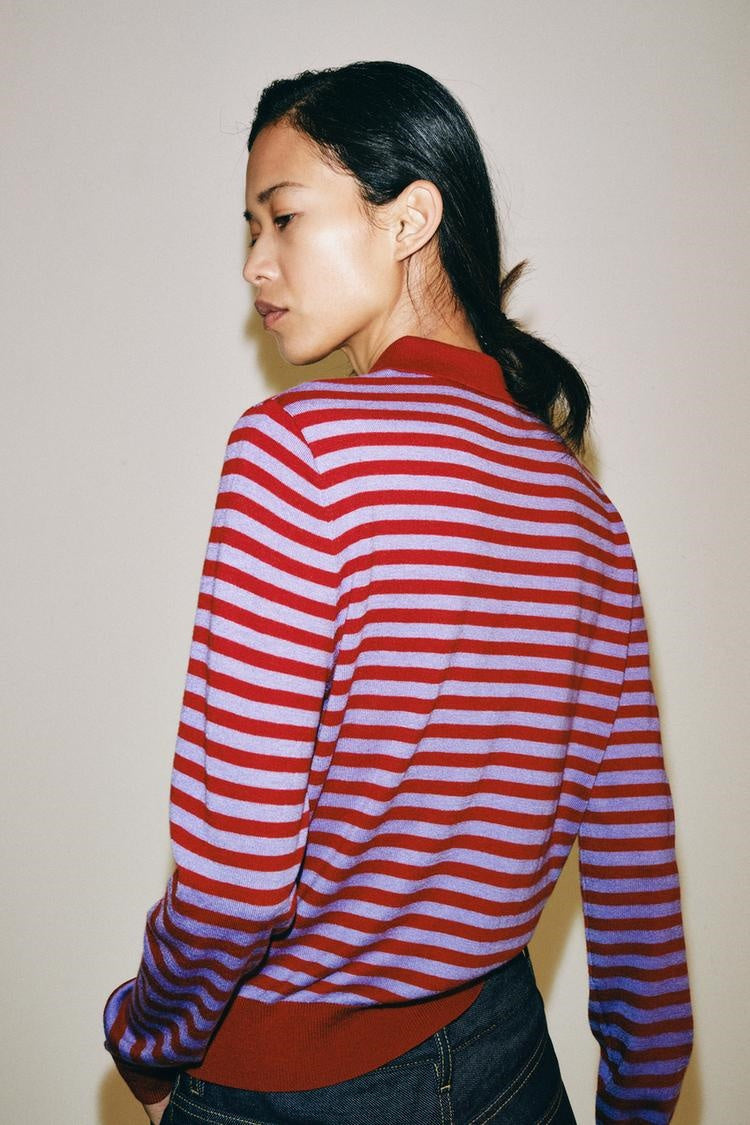 ZAStriped Knit Polo Sweater