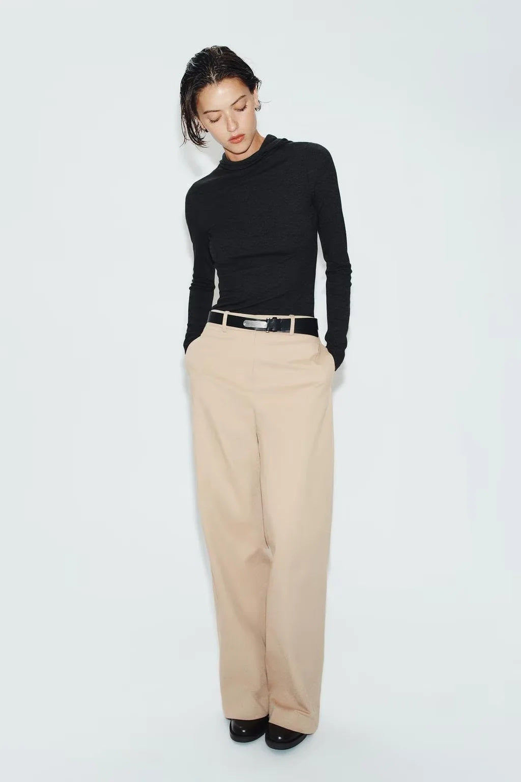 ZA Draped Hooded Long Sleeve Top