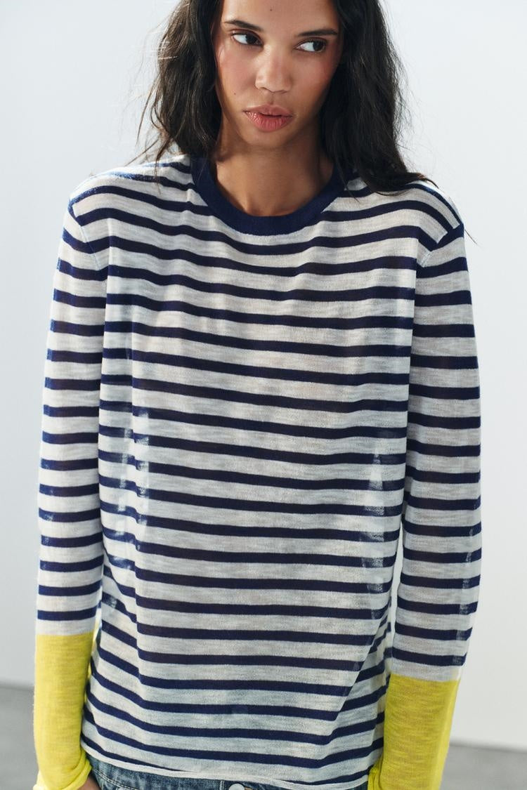 ZA Striped Contrast-Cuff Long-Sleeve Top