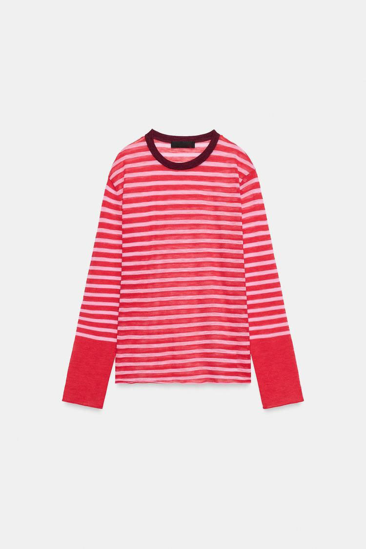 ZA Striped Contrast-Cuff Long-Sleeve Top