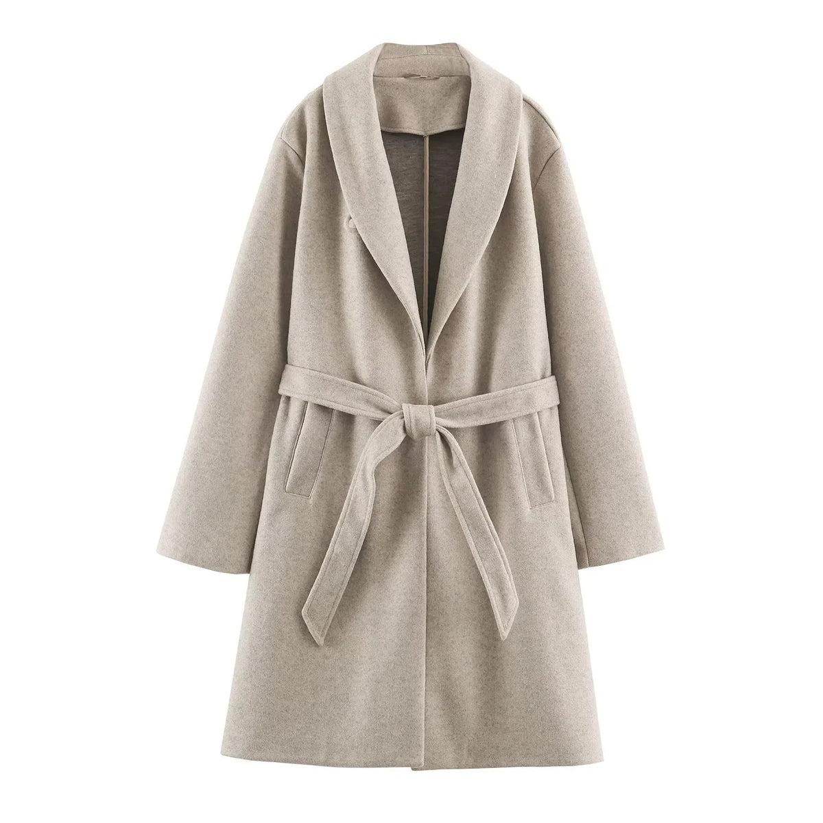 ZA Belted Shawl-Collar Long Coat