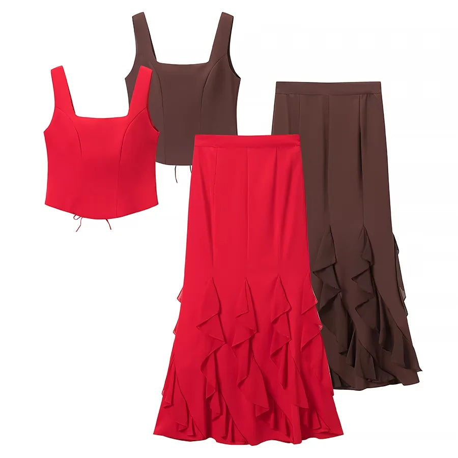 ZA Lace-Up Corset Top & Ruffle Maxi Skirt Set