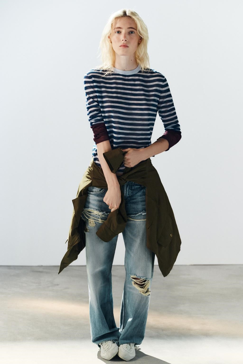 ZA Striped Contrast-Cuff Long-Sleeve Top