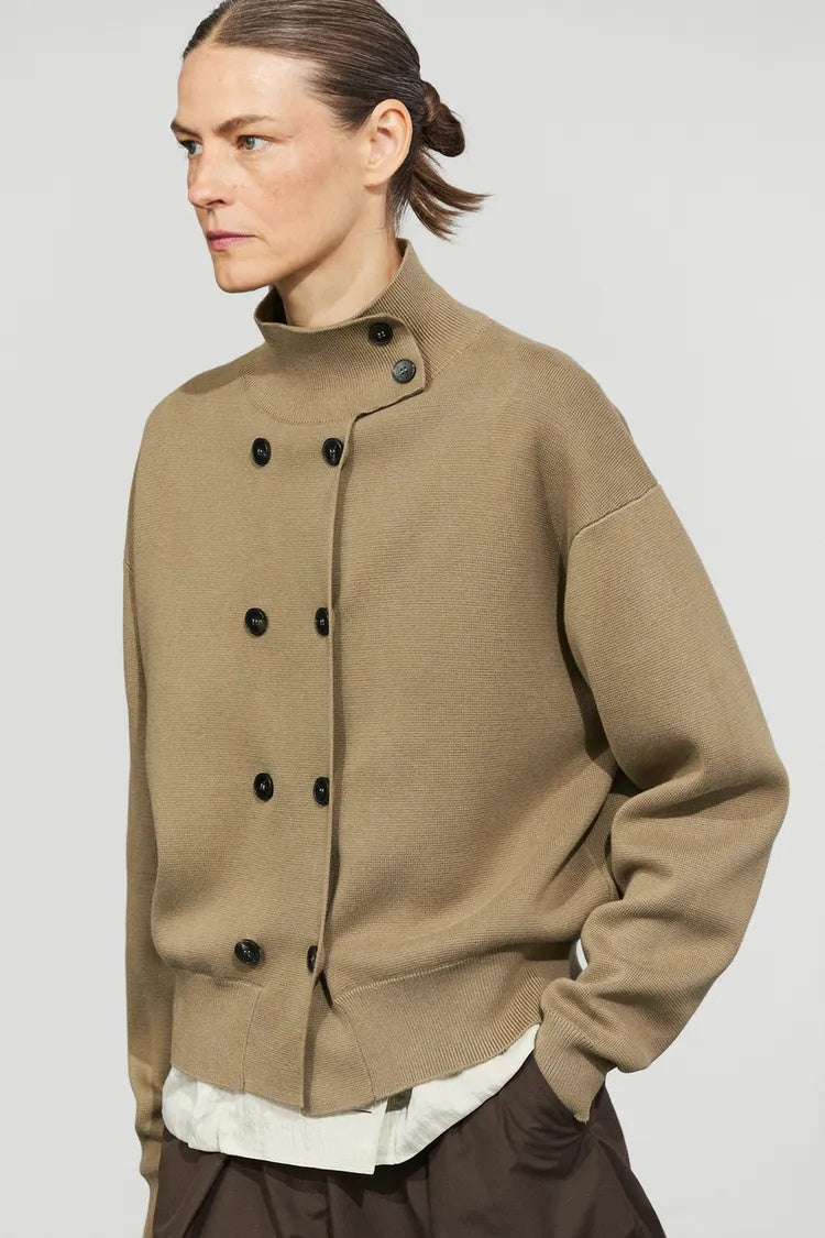 MD Double-Breasted High-Neck Knit Cardigan
