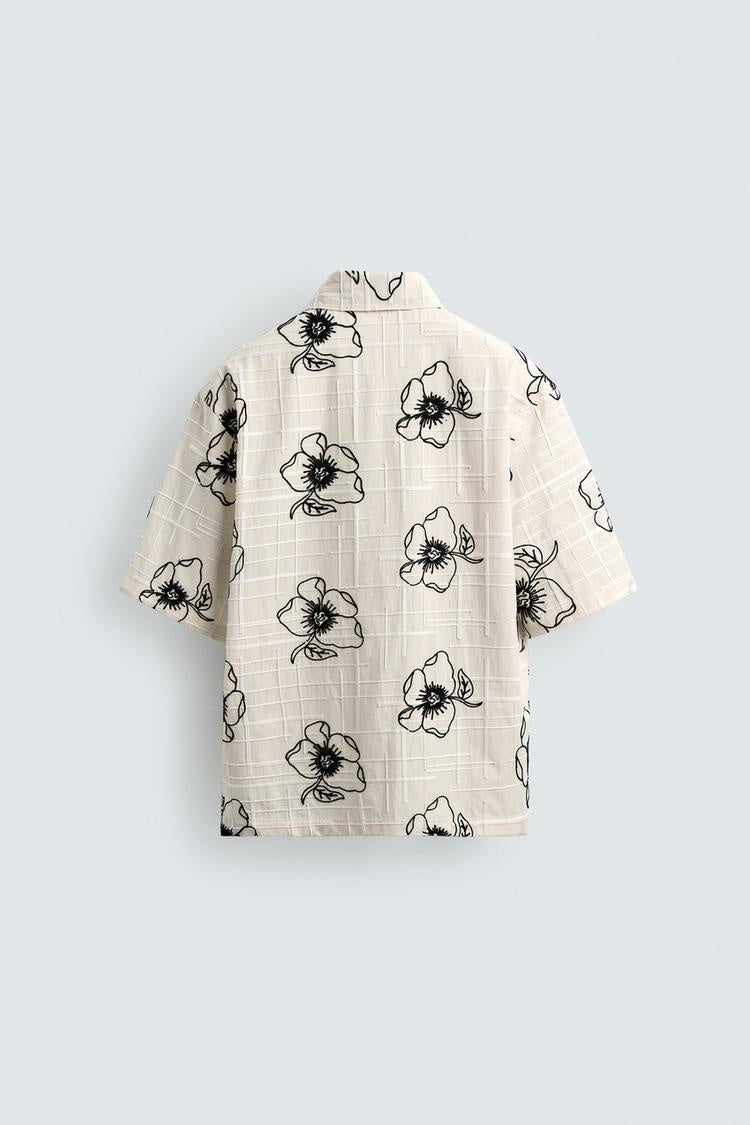 ZA Floral Print Textured Short-Sleeve Shirt