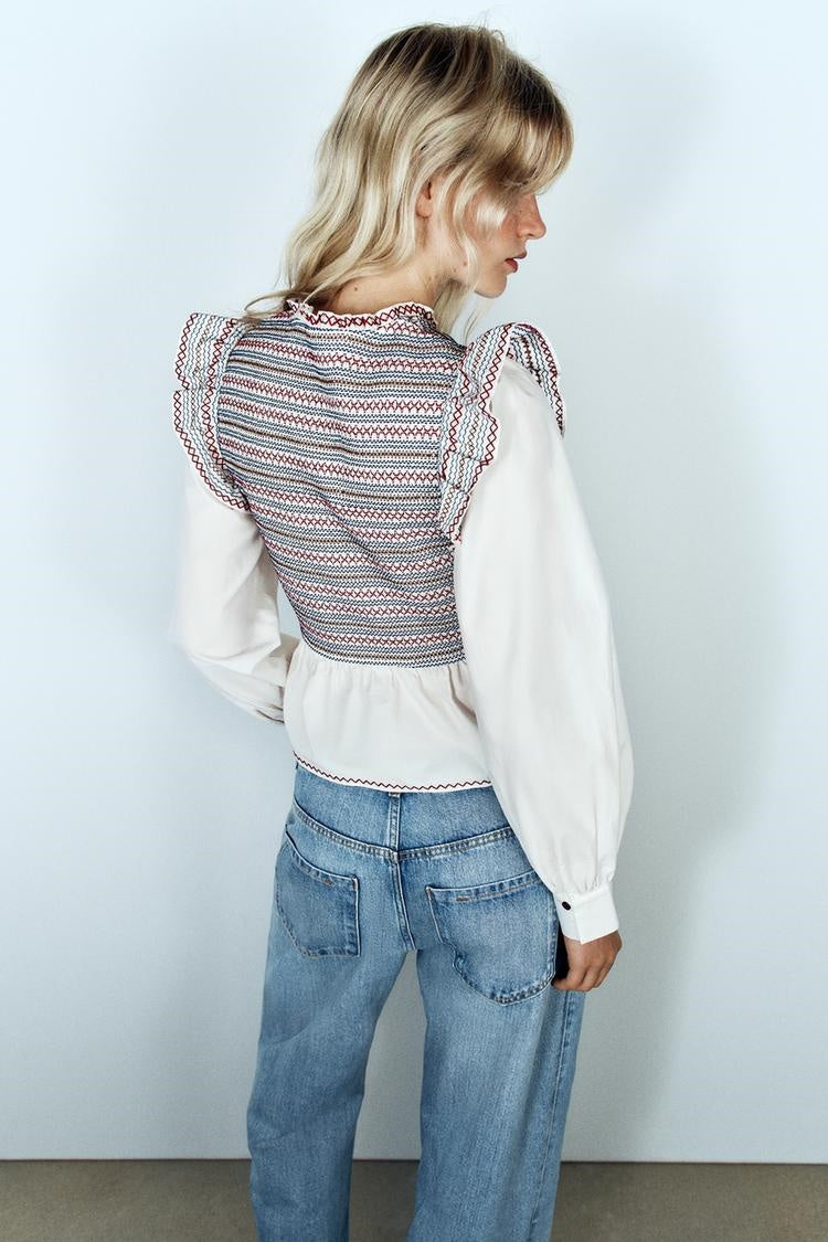 ZA Embroidered Smocked Ruffle Blouse