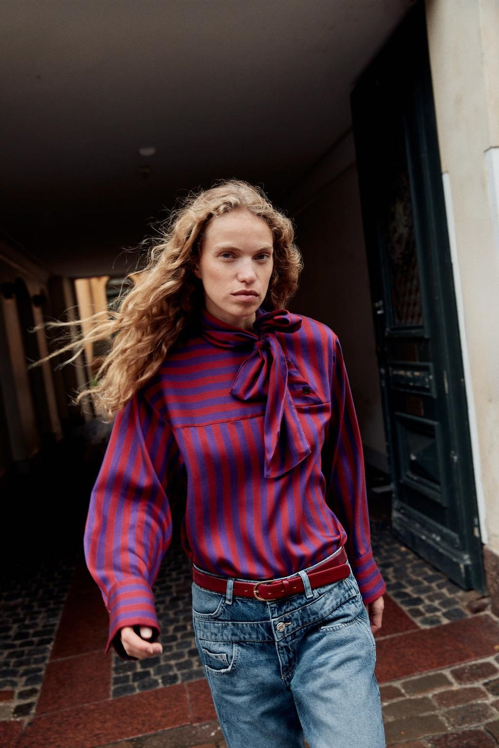 ZA Striped Satin Tie-Neck Blouse