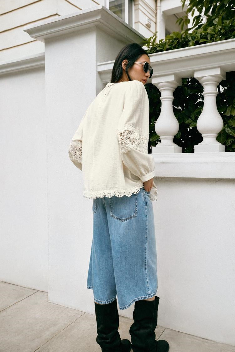 ZA Lace-Insert Gathered Blouse
