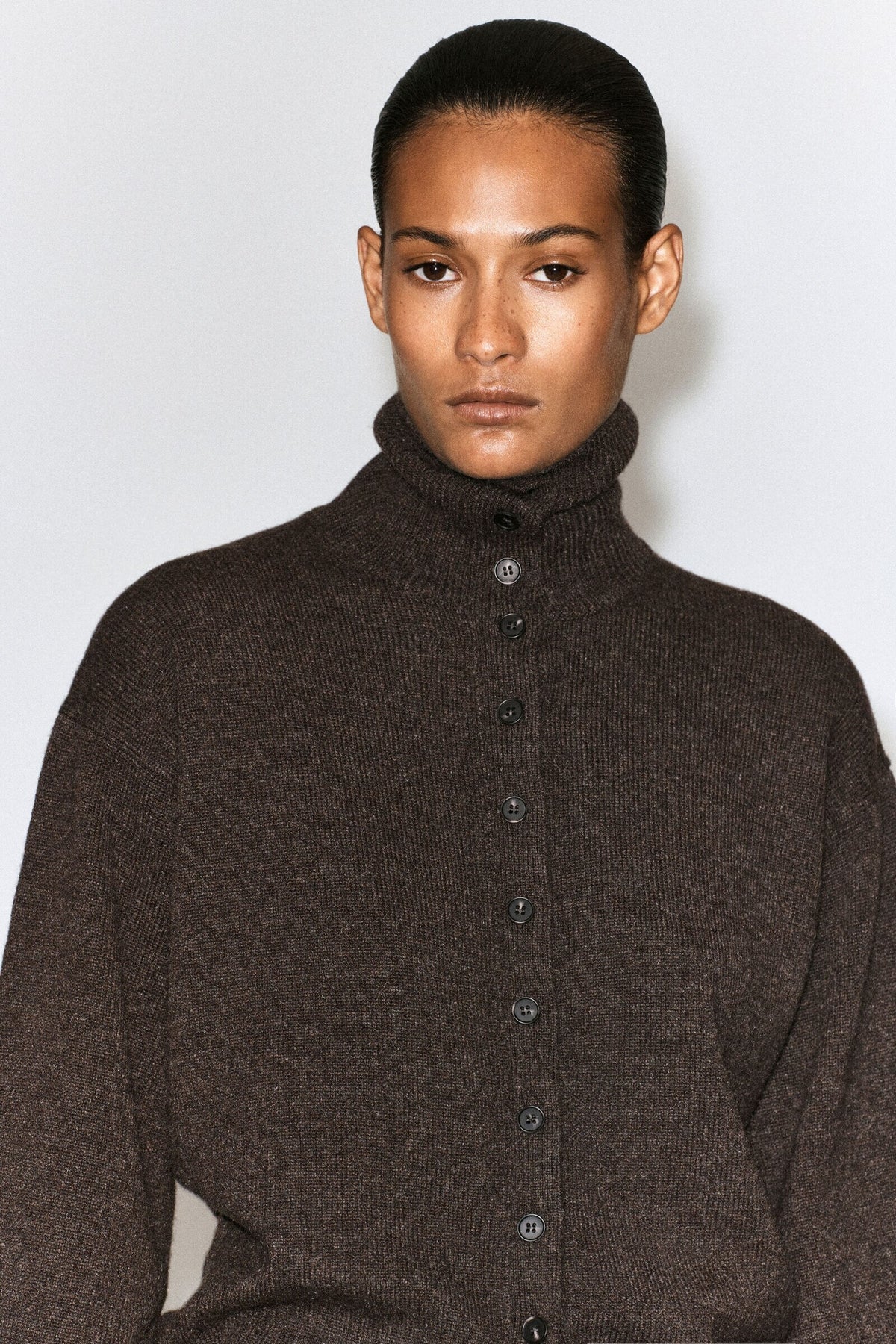 CS High-Neck Button-Up Knit Cardigan