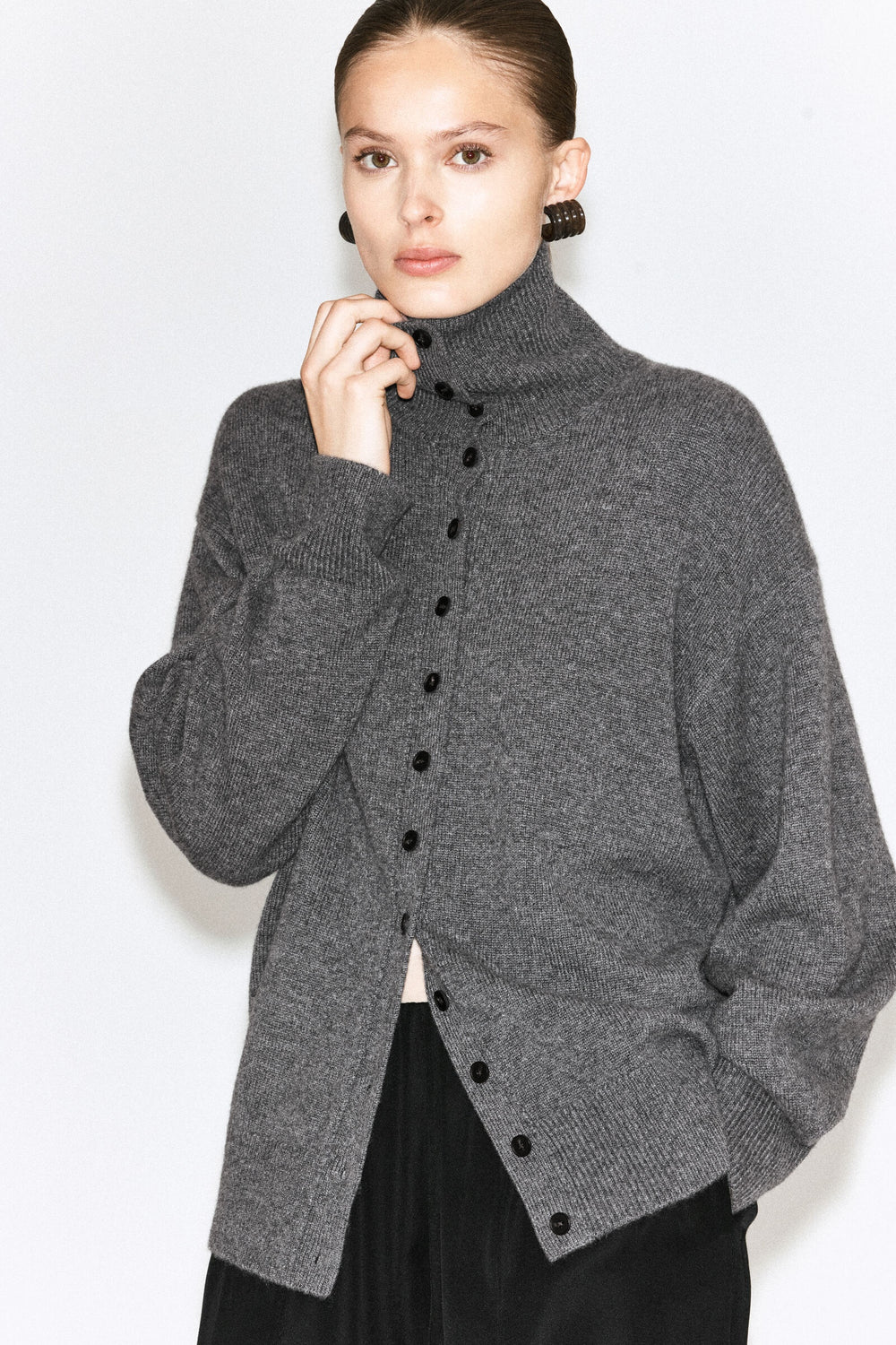CS High-Neck Button-Up Knit Cardigan
