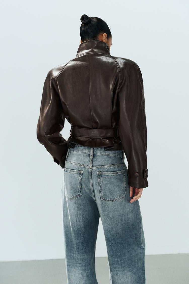 ZA Belted High-Neck Faux Leather Jacket