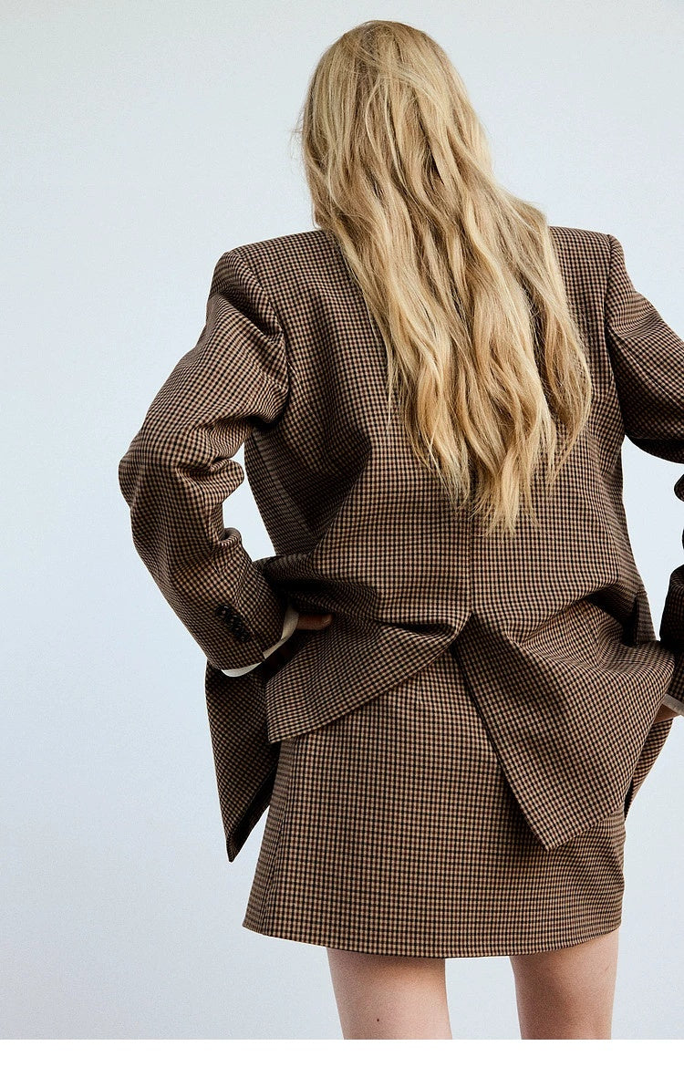 SA Checked Double-Breasted Blazer & Wrap Skort Set