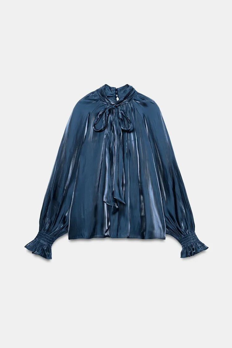 ZA Satin Tie-Neck Blouse