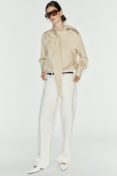 ZA Embroidered Tie-Neck Pinstripe Blouse