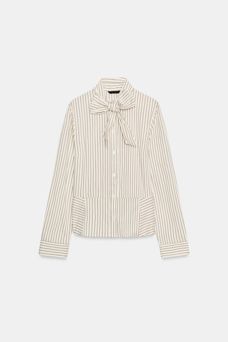 ZA Striped Bow-Neck Blouse