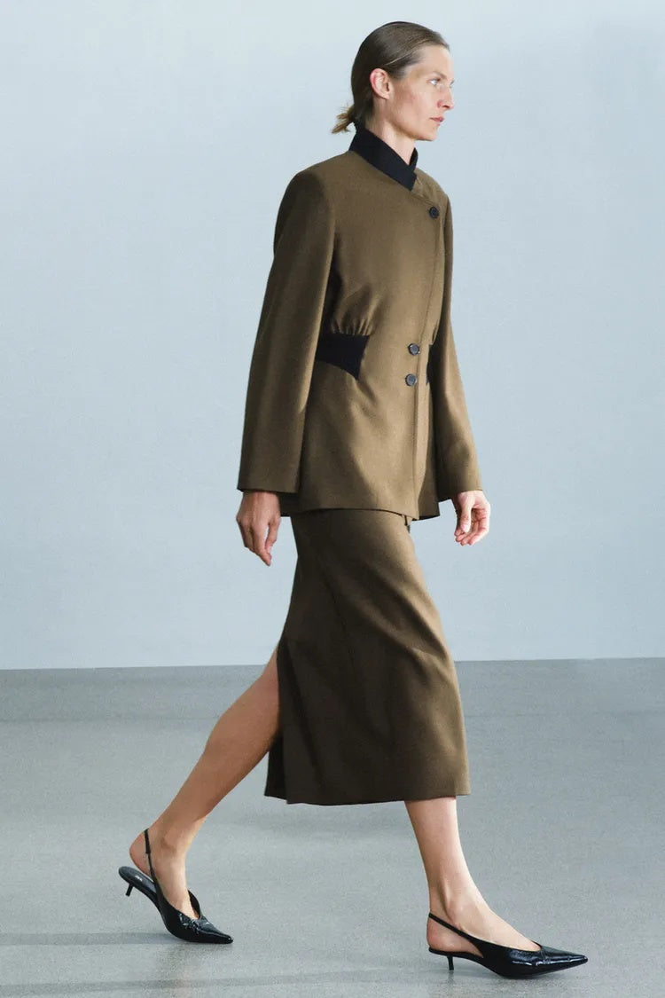 SA Contrast-Collar Tailored Jacket & Midi Skirt Set