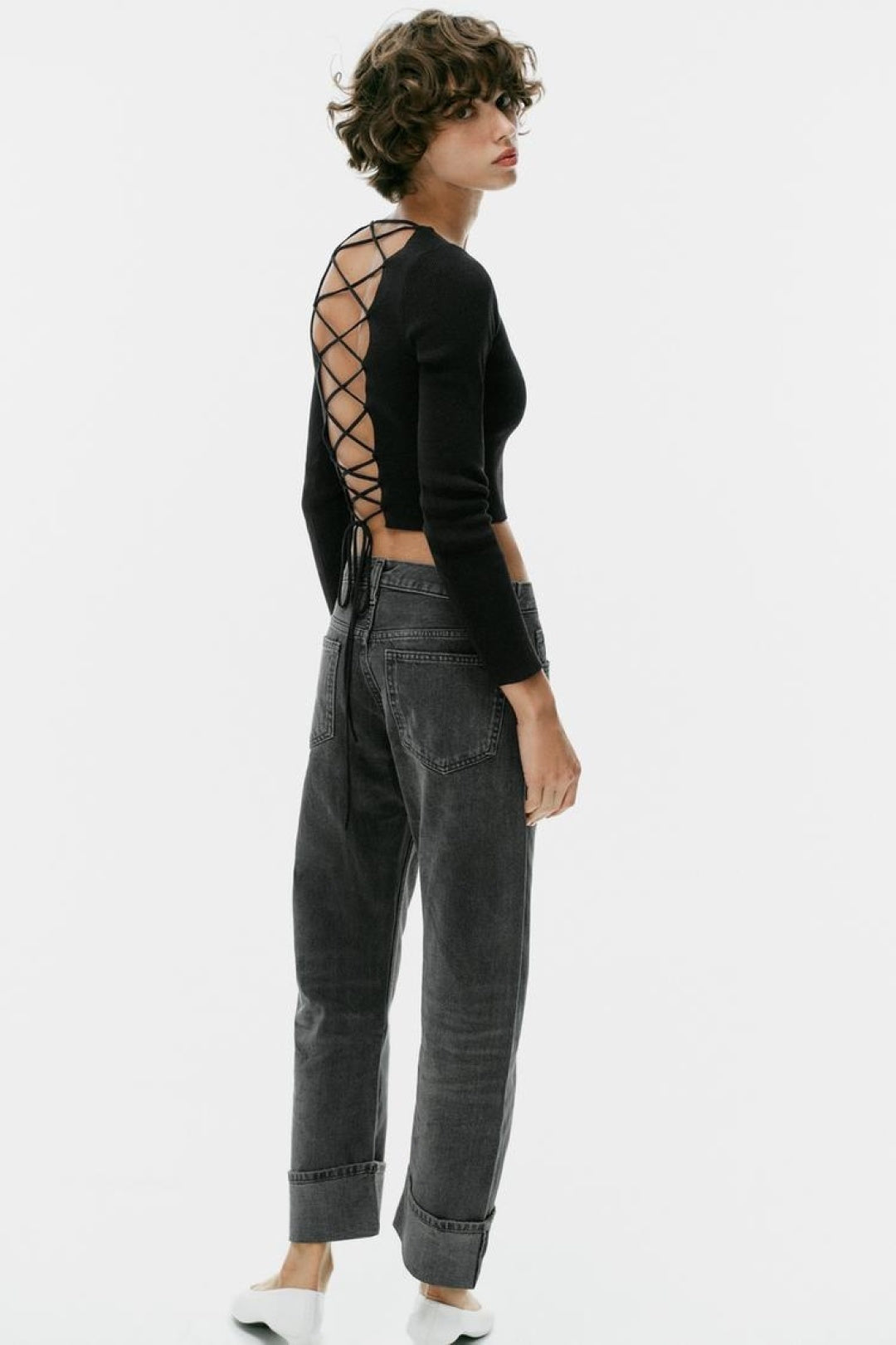 ZA Black Lace-Up V-Neck Knit Top