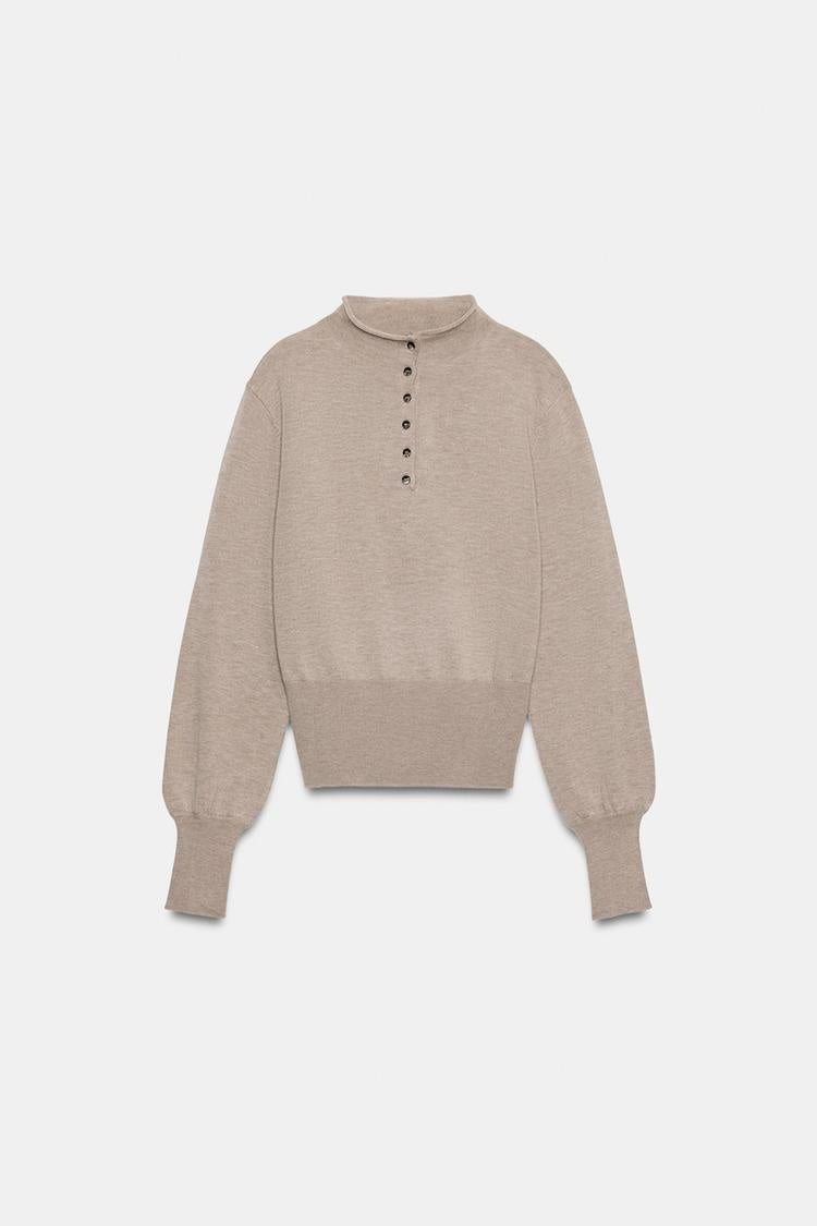 ZA Button-Neck Fine Knit Sweater