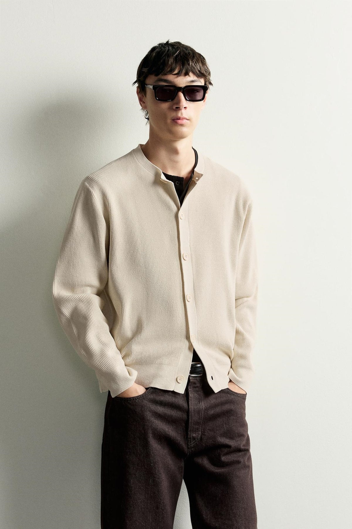 ZA Ribbed Button-Front Knit Cardigan