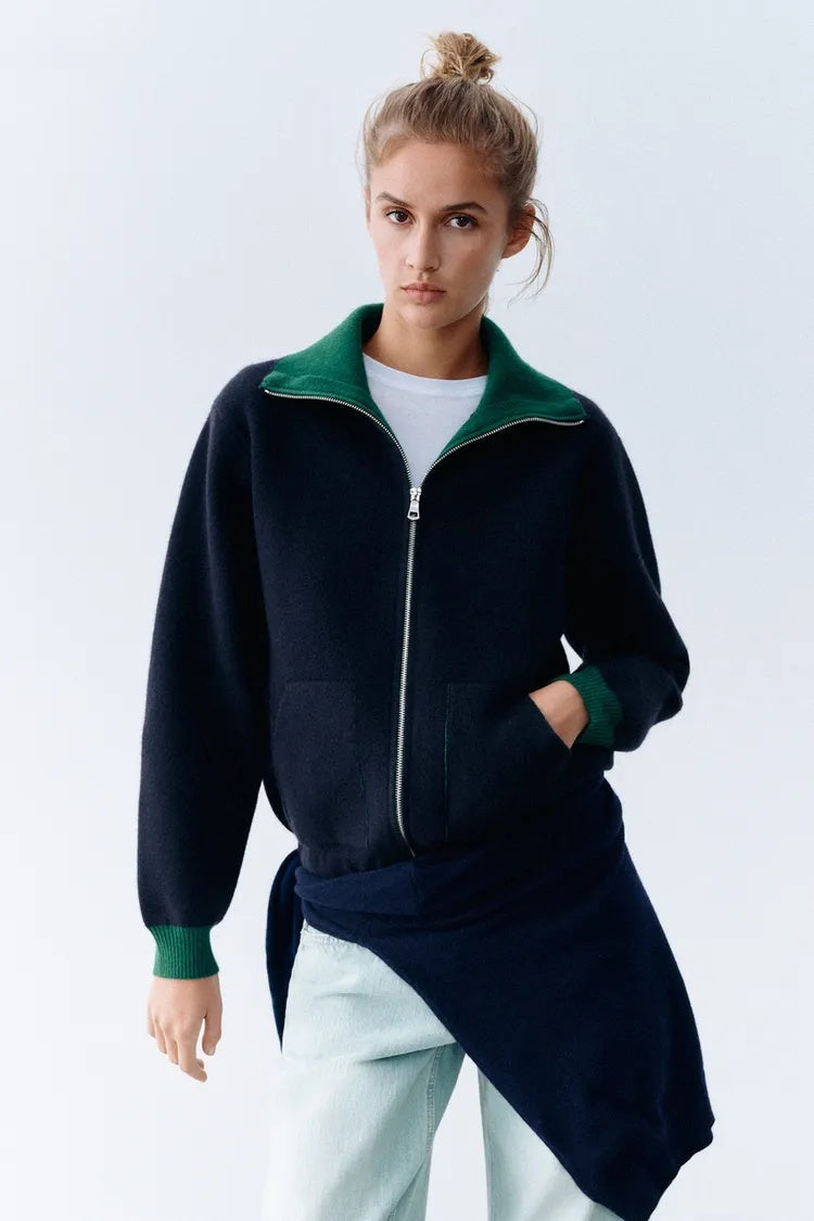 ZA Contrast Collar Full-Zip Knit Jacket