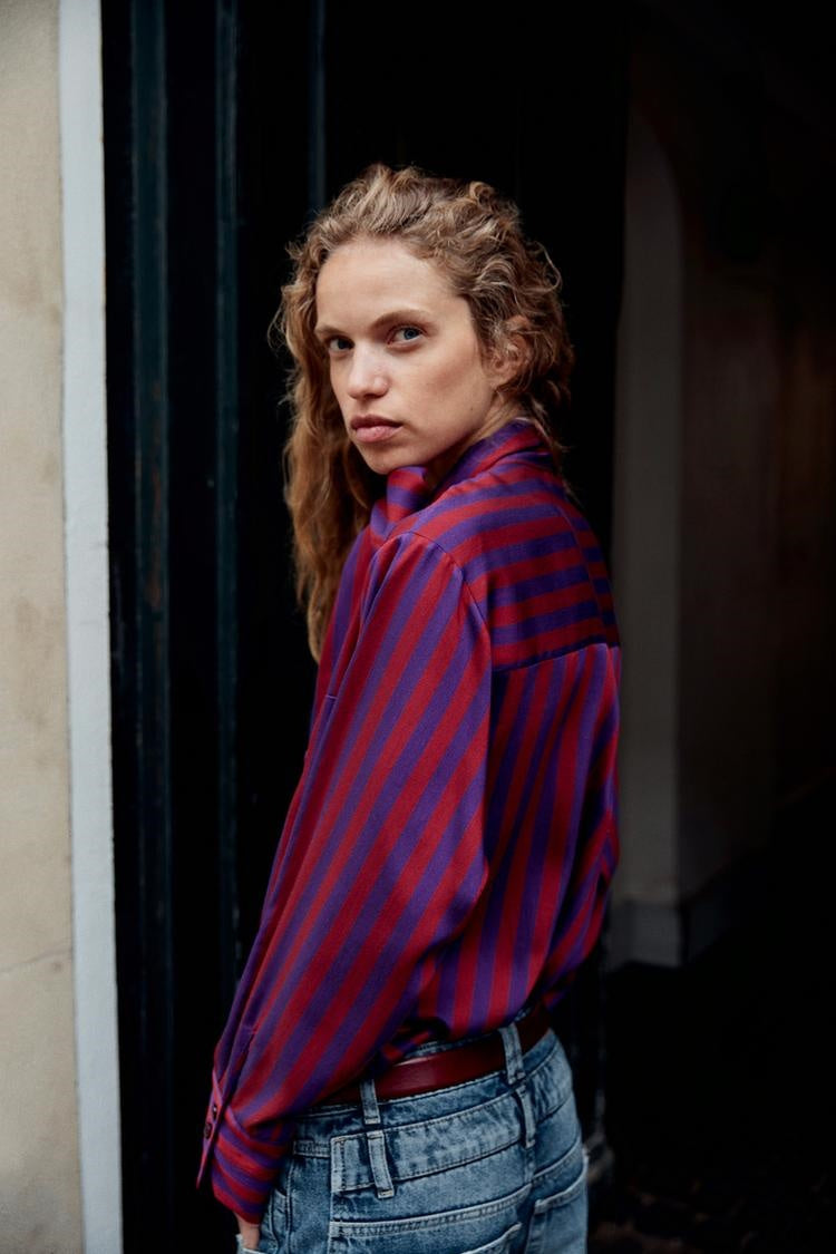 ZA Striped Satin Tie-Neck Blouse