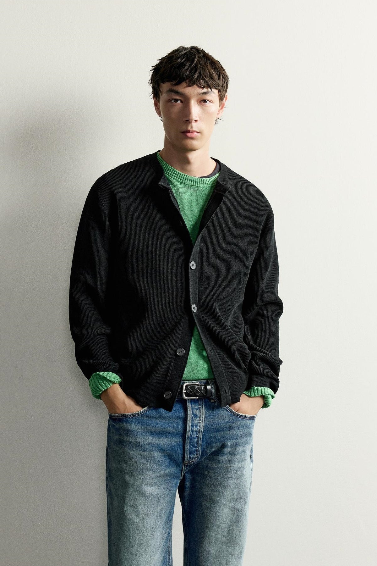 ZA Ribbed Button-Front Knit Cardigan