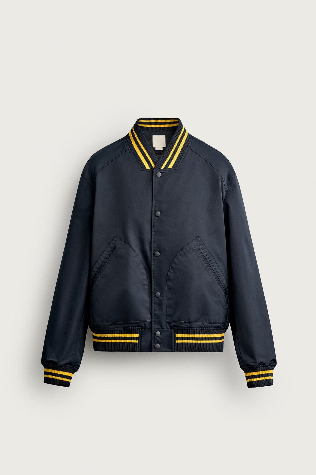 Navy Varsity Bomber Jacket with Yellow Stripe Trim