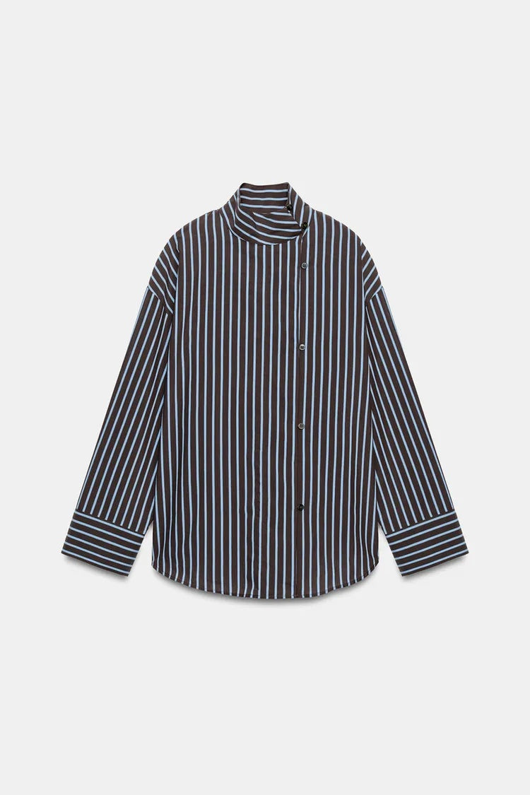 ZA Striped High-Neck Button Shirt